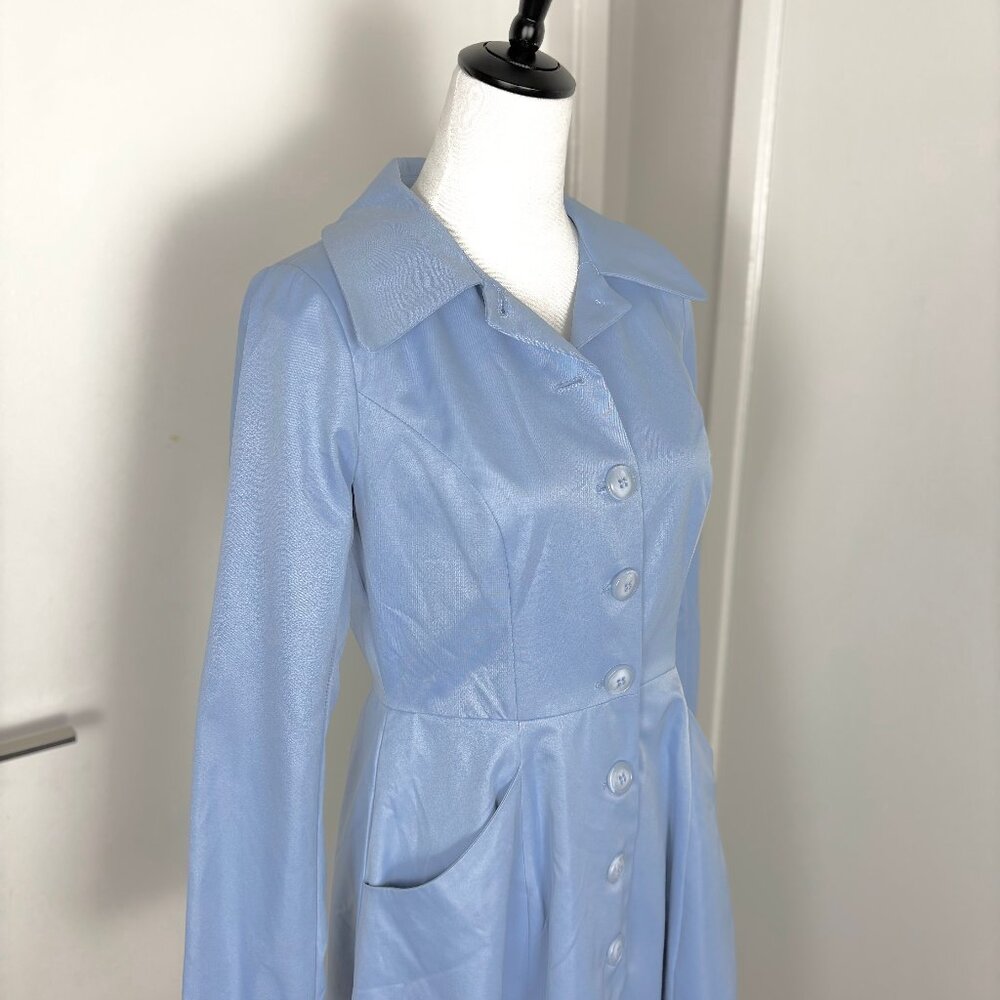 1940s 1950s Style Collectif Light Blue Princess Trench Coat Flare Small UK 10 - Picture 4 of 5